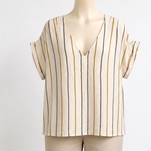 Madewell Women XL Striped Double Gauze VNeck Top Cream Mustard Grey Short Sleeve