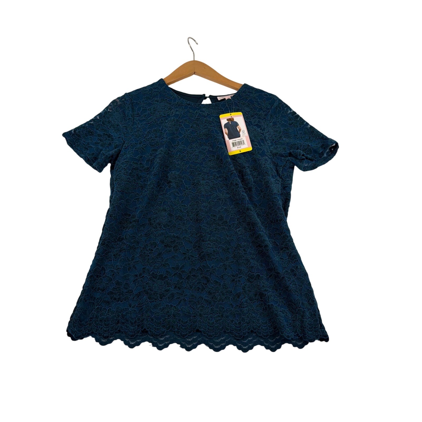 Teddi Rose Womens Floral Lace Short Sleeve Blouse Scalloped Hem Teal Blue Small
