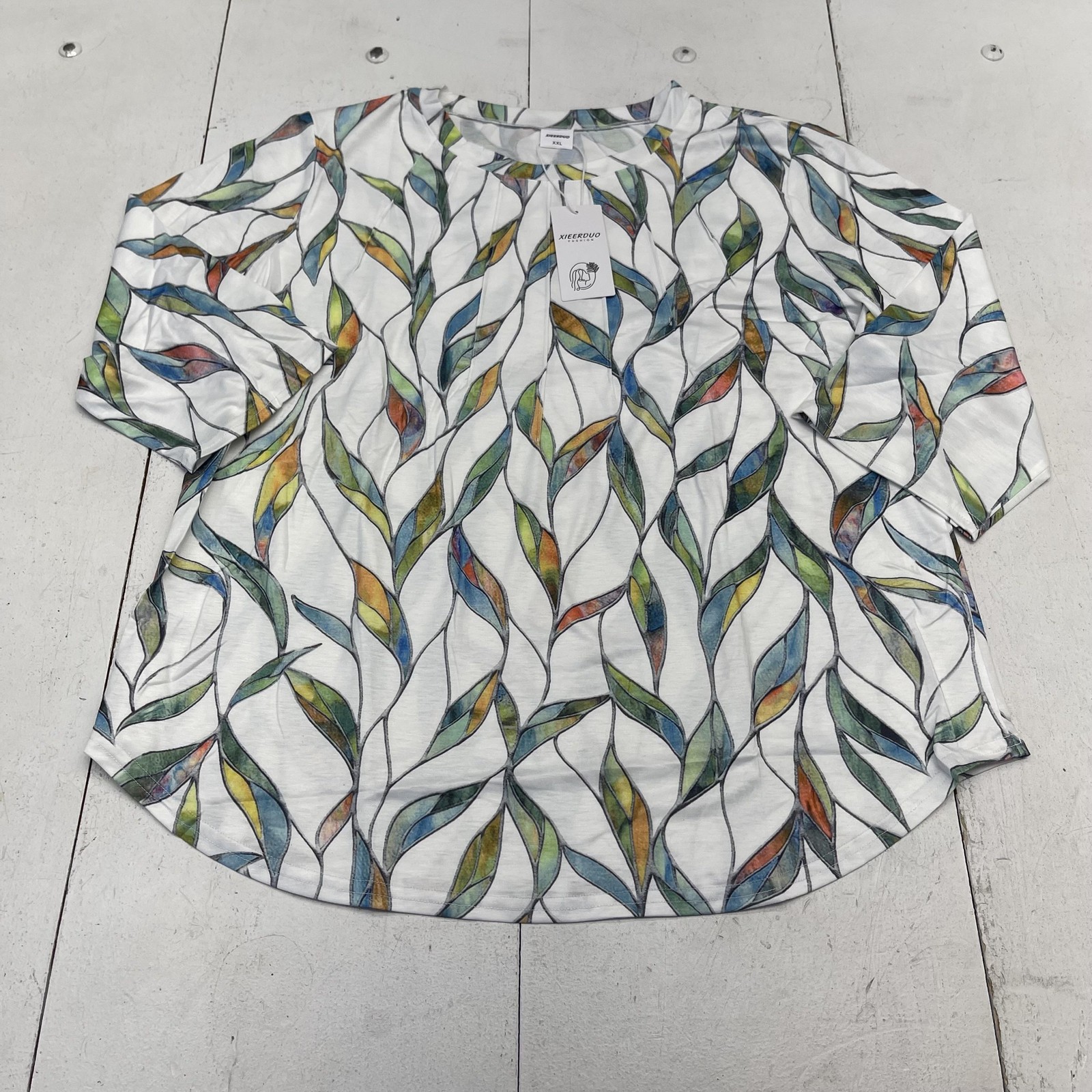 XIEERDUO Shirt Womens 2XL White Multicolor Leaf Print Stretch Casual Blouse