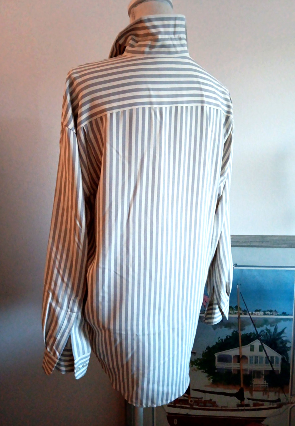 Vintage Tracy M NWT 100% Silk Blouse Shirt Grey & White Striped Button Up Size M