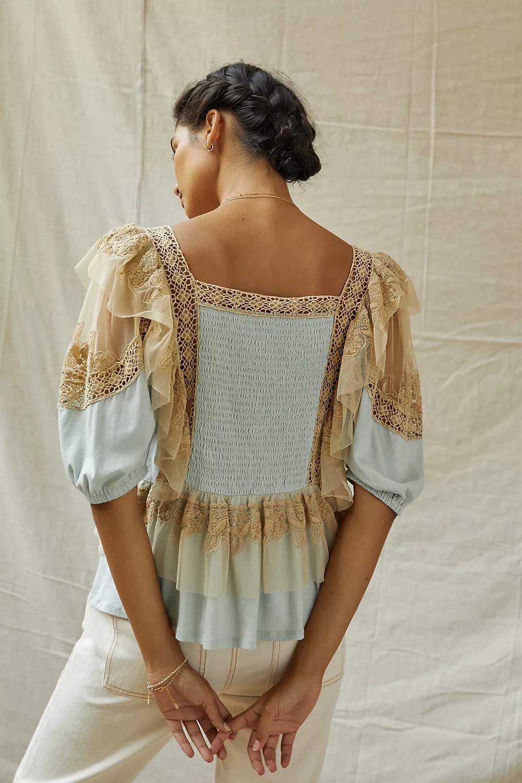 Anthropologie Forever That Girl Ruffle Lace Tulle Peplum Pleated Top Blouse M