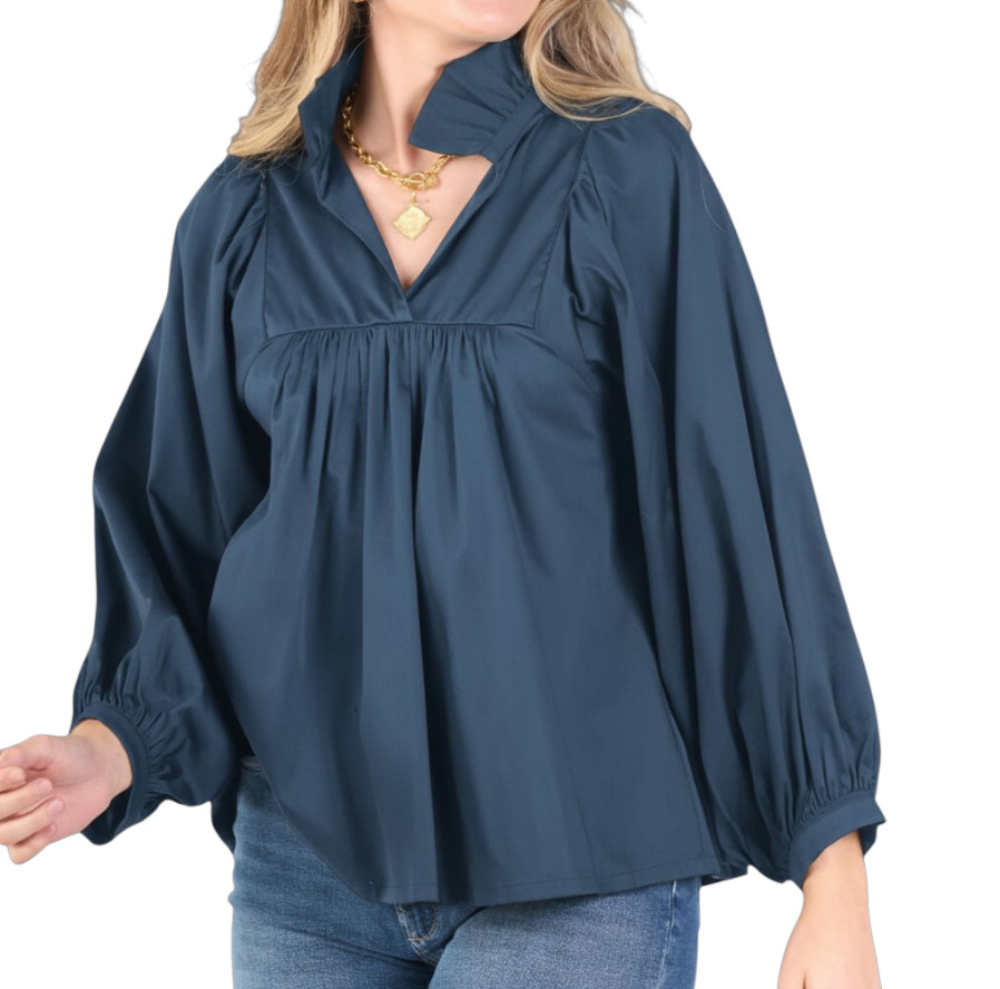 NWT Emily McCarthy VINTAGE INDIGO BLUE Stella Top Poplin RUFFLE STAND Collar XS