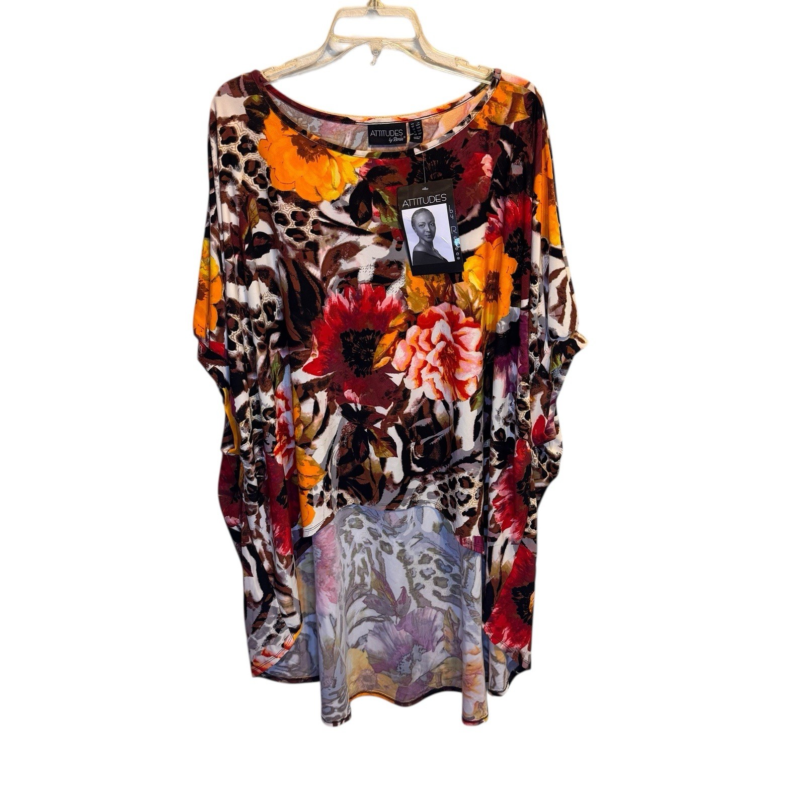 ATTITUDES by Renee Global Illusions Como Jersey Tunic Red Brown Fierce Floral LP