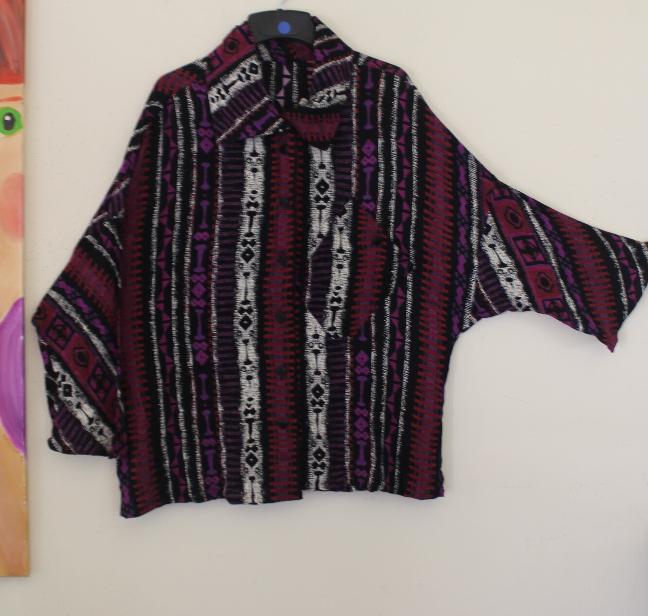 Estate 80s Funky Sz S M Art-to-Wear Wild Vintage Tribal Rayon Shirt Top
