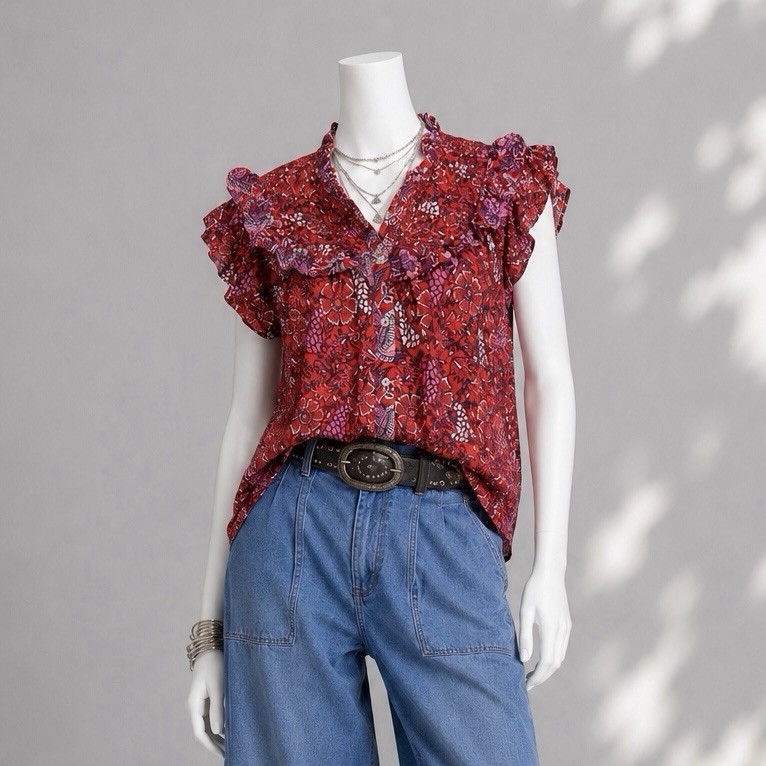 Tuckernuck Ro’s Garden Top S Red Floral Ruffle Boho Preppy Cotton Button Blouse