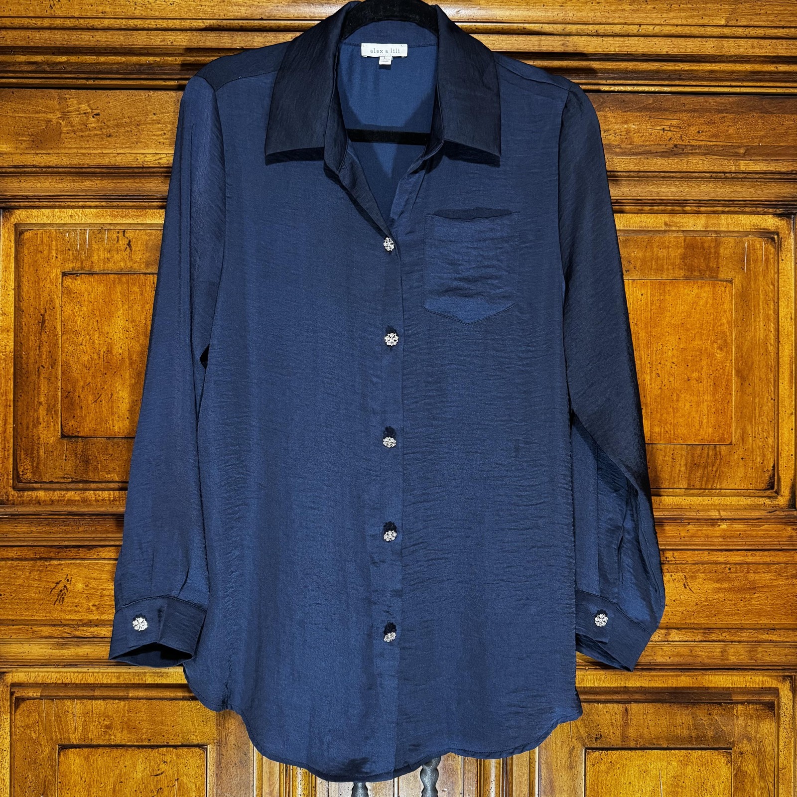 Alex & Lili Blouse Womens L Navy Blue Silky Button Front Rhinestone Shirt Top