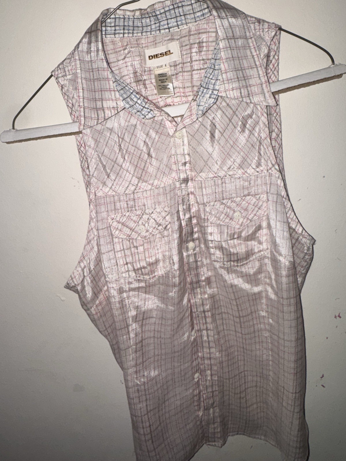 Diesel Women’s L White/Pink/Gray/Blue Plaid Sleeveless Collared Button-Up Top