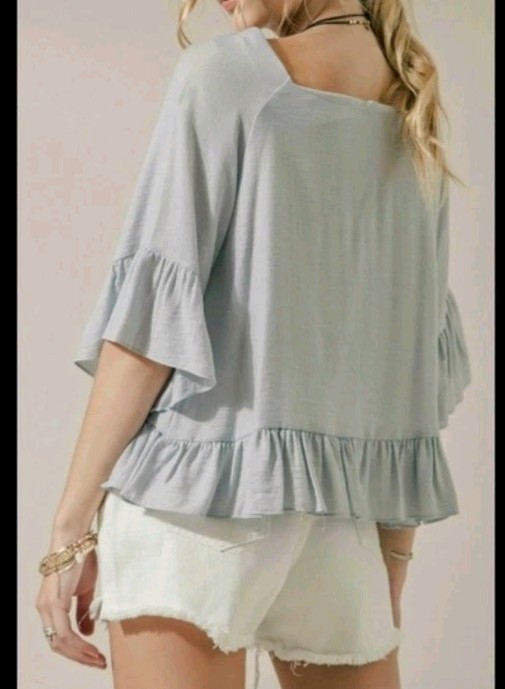 Moon River Anthropologie Blue Ruffle Boho Peasant Blouse 3/4 Flare Sleeves Small