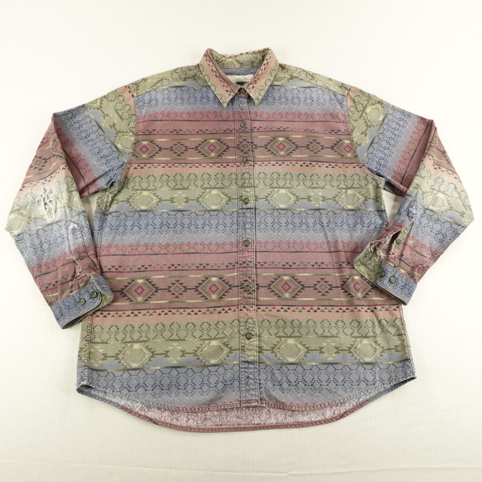Cabelas Shirt Womens XL Green Red Blue Aztec Southwestern Button Front Top ^