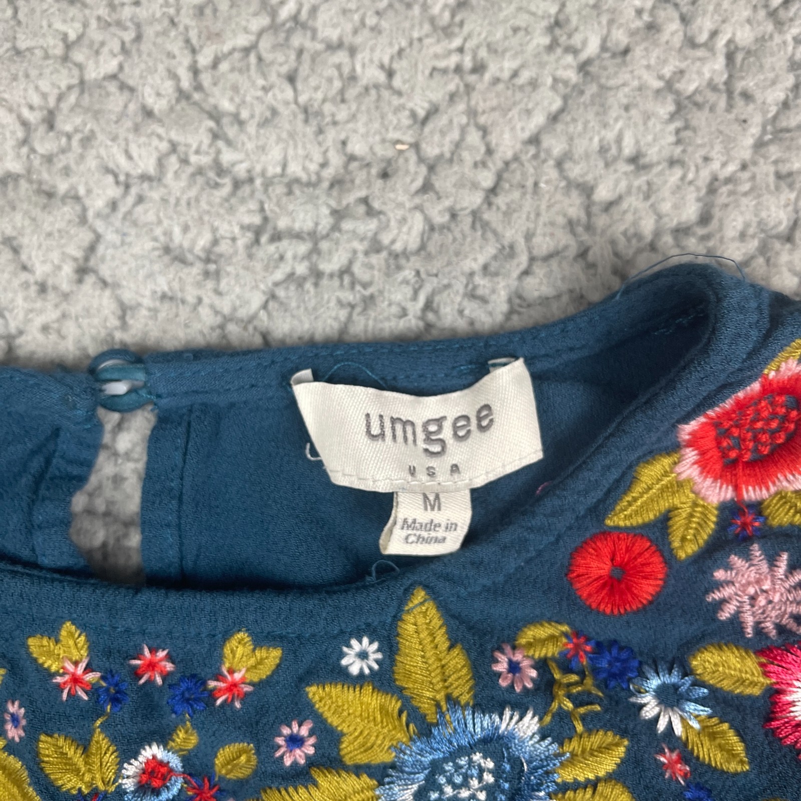 Umgee Top Womens M Blue Floral Embroidered Hippie Festival Flare Sleeve Blouse