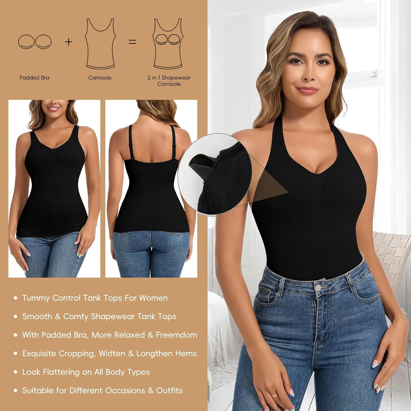 Women Shapewear Cami with Built in Bra Multi-way Strap Tummy Control Body Shaper