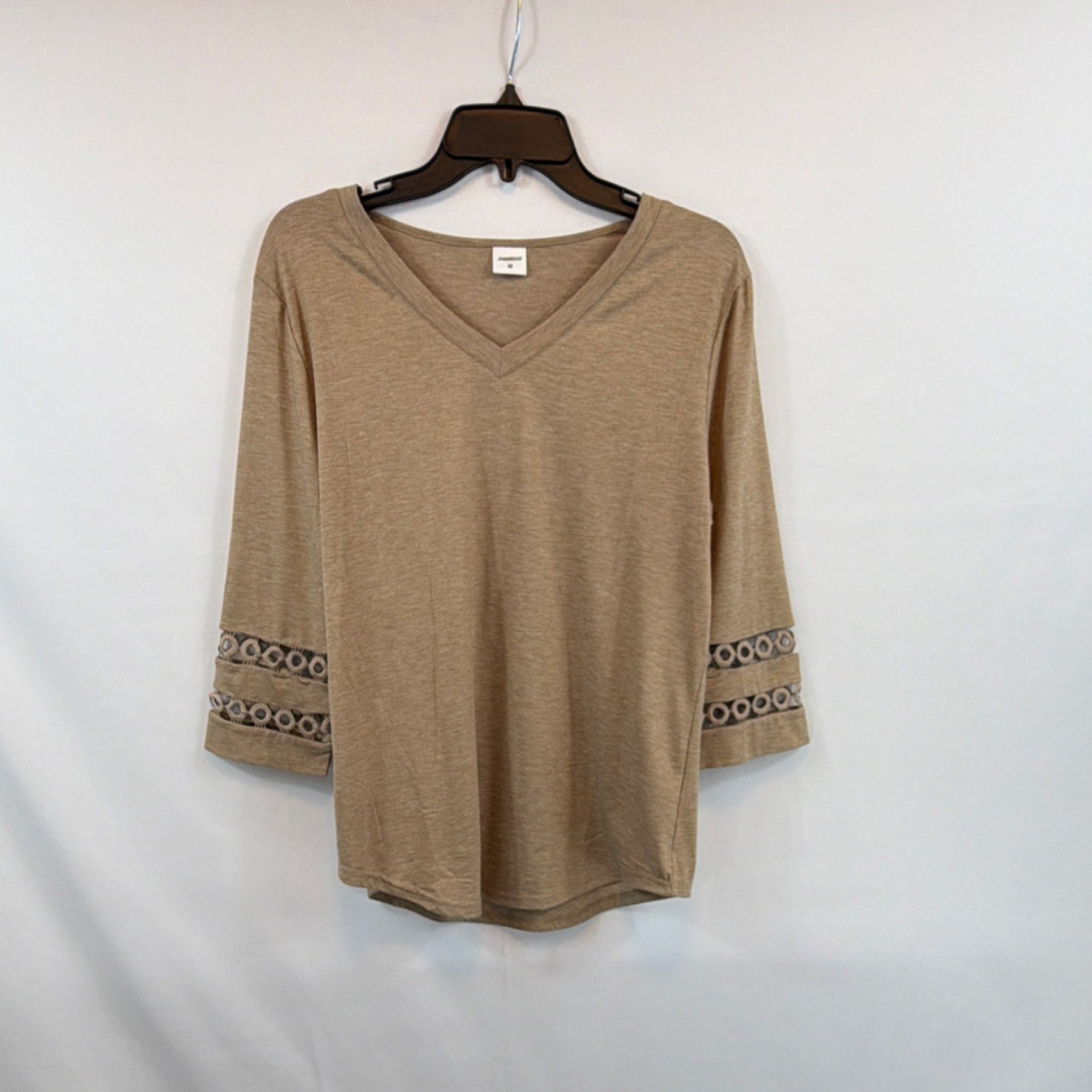 XIEERDUO Women’s Mocha Knit V-Neck 3/4 Sleeve Crochet Accent Blouse M
