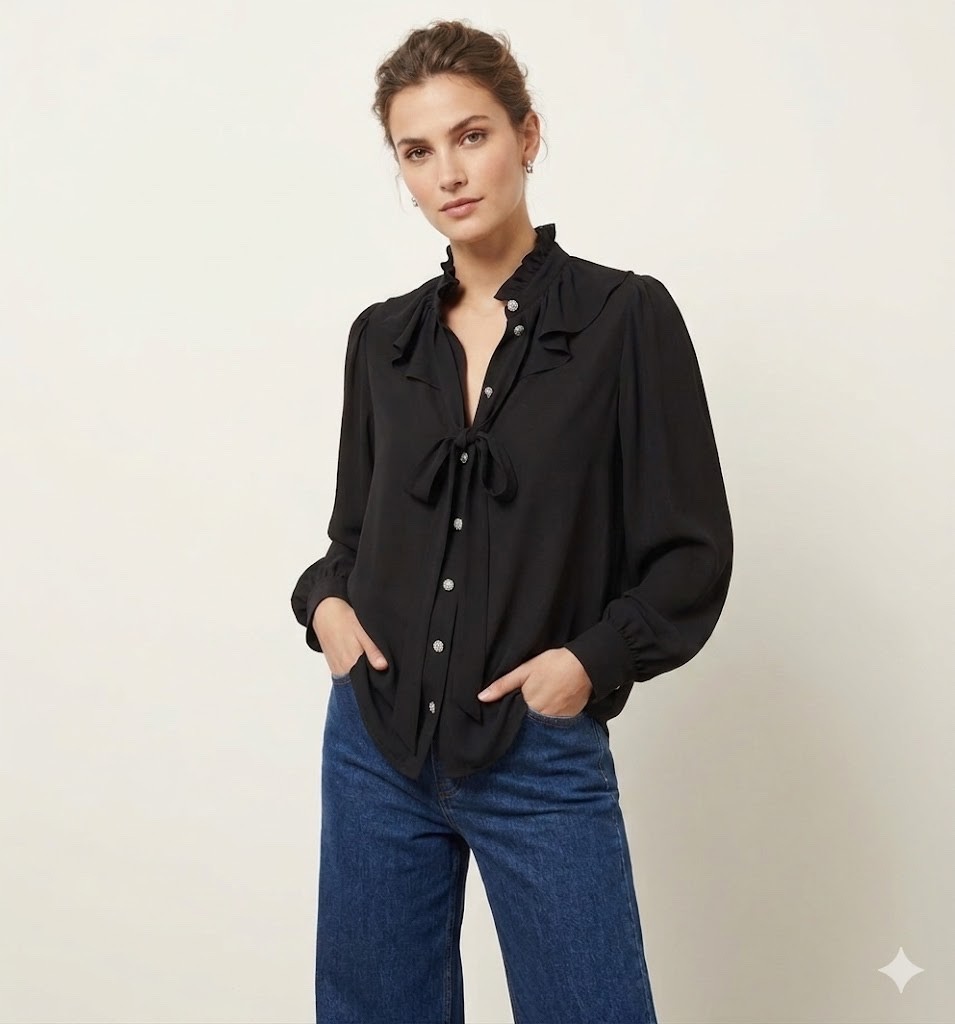 The Kooples Paris luxury blouse black 100% silk bow ruffle rhinestones L/M