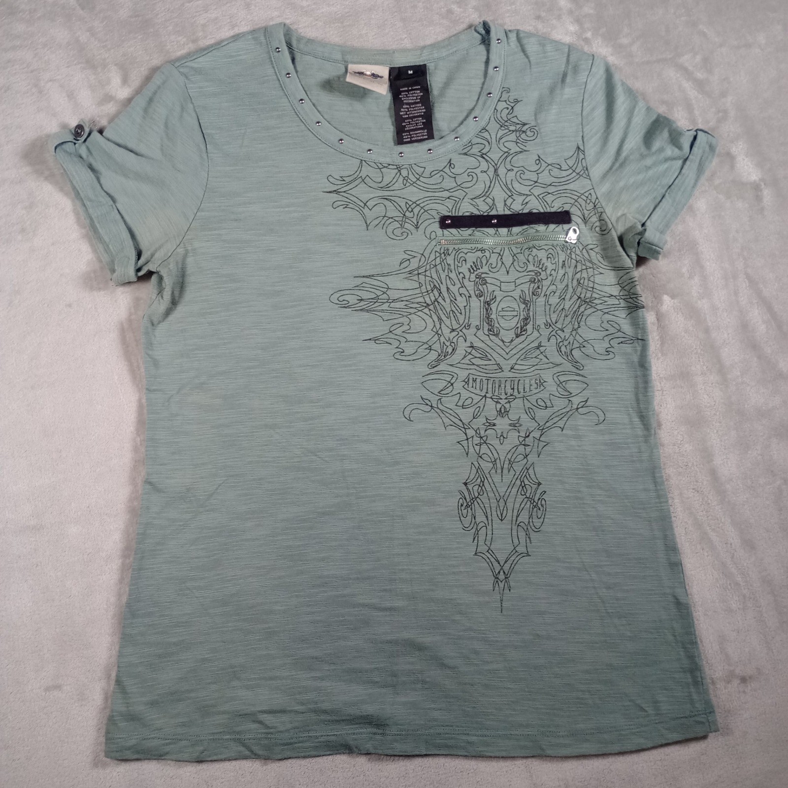 Harley-Davidson Graphic Tee Womens Medium Green Studded Zipper Biker Moto Edgy