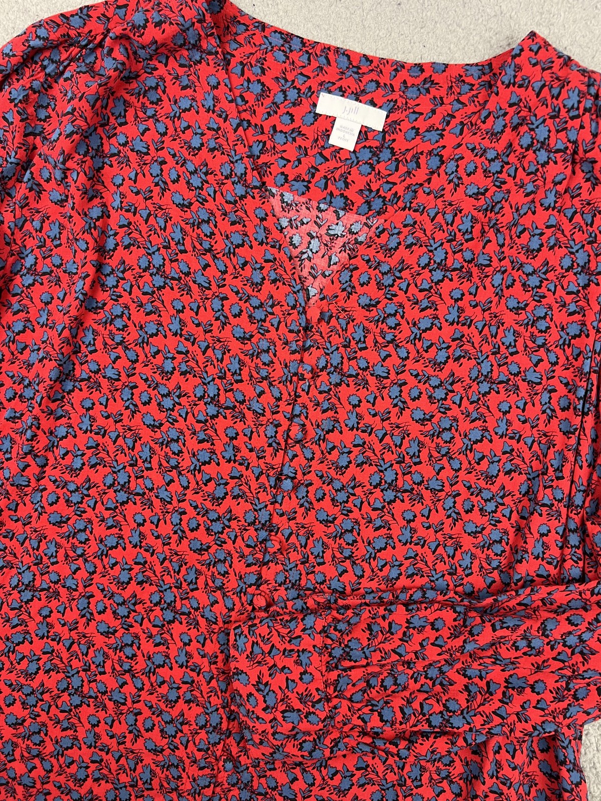 J. Jill Blouse Womens Large Petite Red Floral Button Front V Neck Long Sleeve