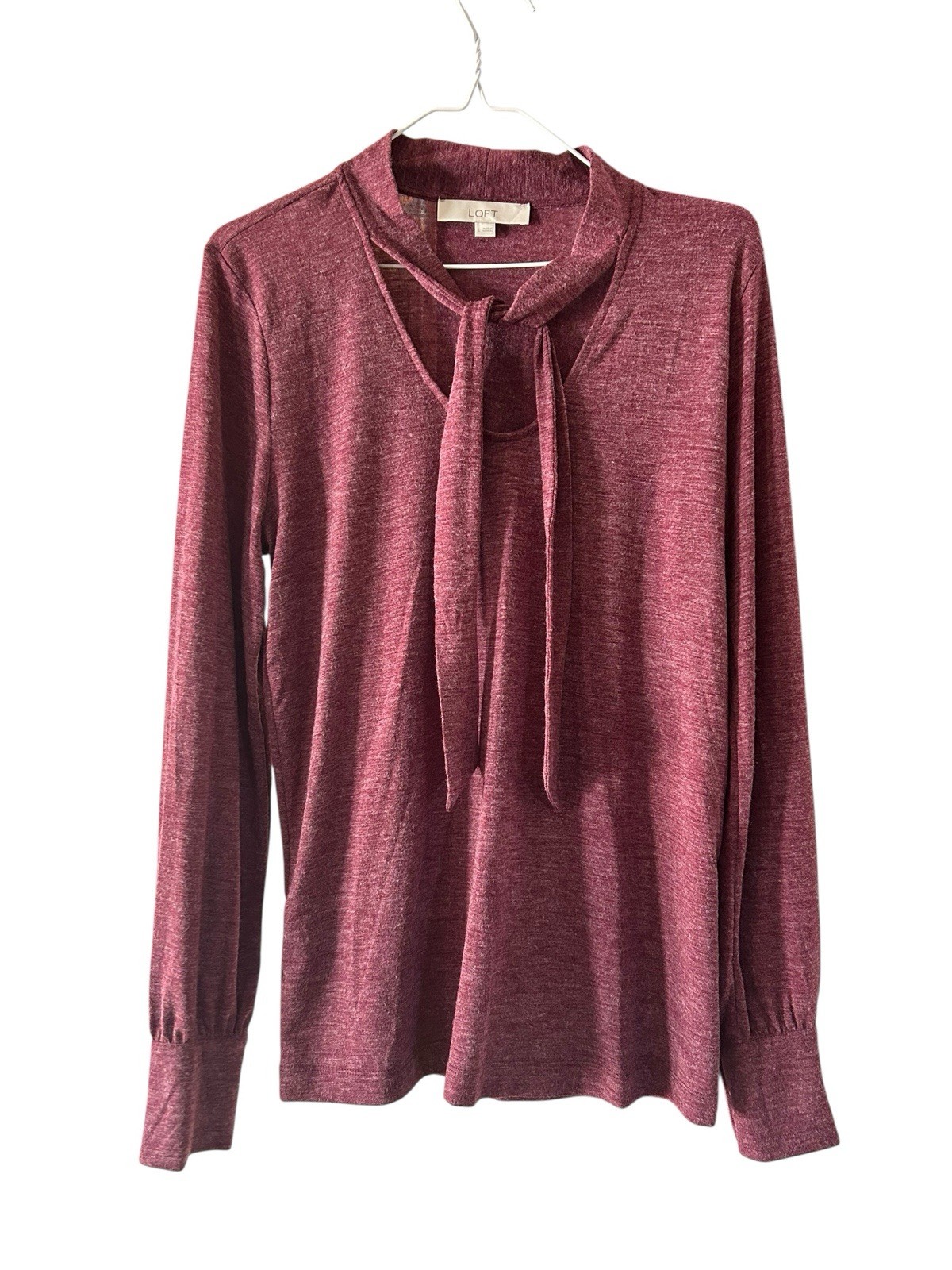 Loft Knit Tie Neck Blouse Top Heathered Plum Wine Large Office Chic Classy