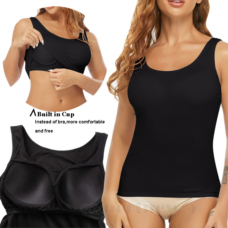 TANK TOP Womens Stretch Long Workout Fitness Sport Yoga Built in Bra Basic Top
