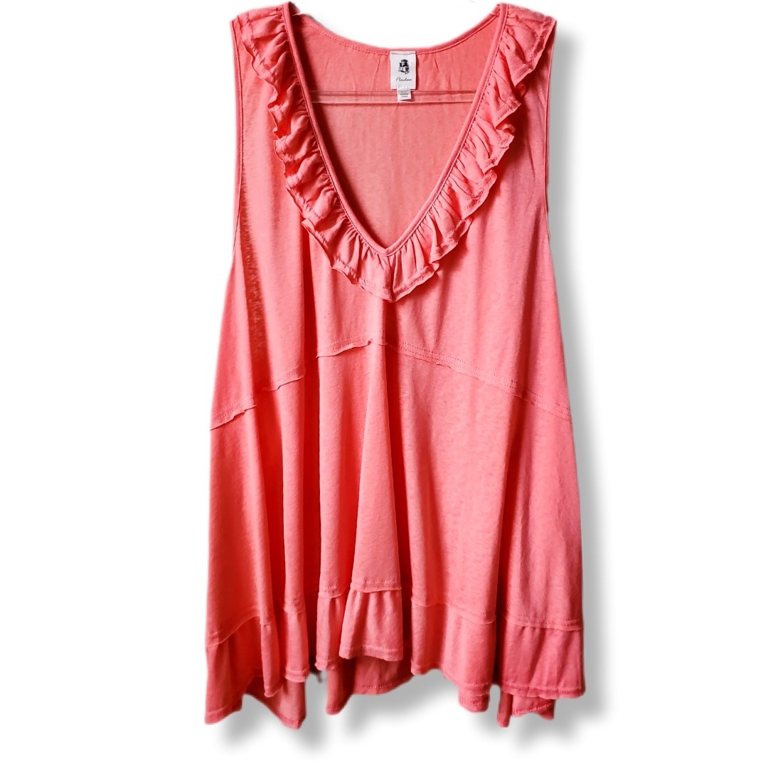 Women Coral Pink Ruffle Tank Top Shirt 3X Feminine Flirty Flowy Breathable Airy