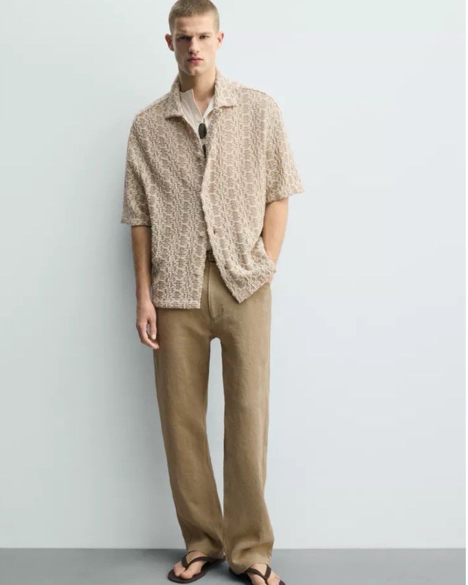 NWT Zara Crochet Textured Button Up Shirt XL Relaxed Fit Taupe/Cream
