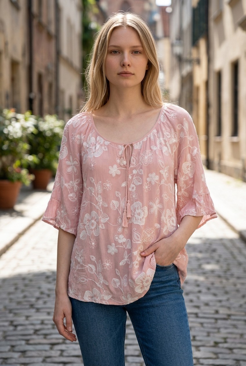 LIV Los Angeles Blouse Womens L Pink Kimono Sleeve Floral Embroidered Peasant