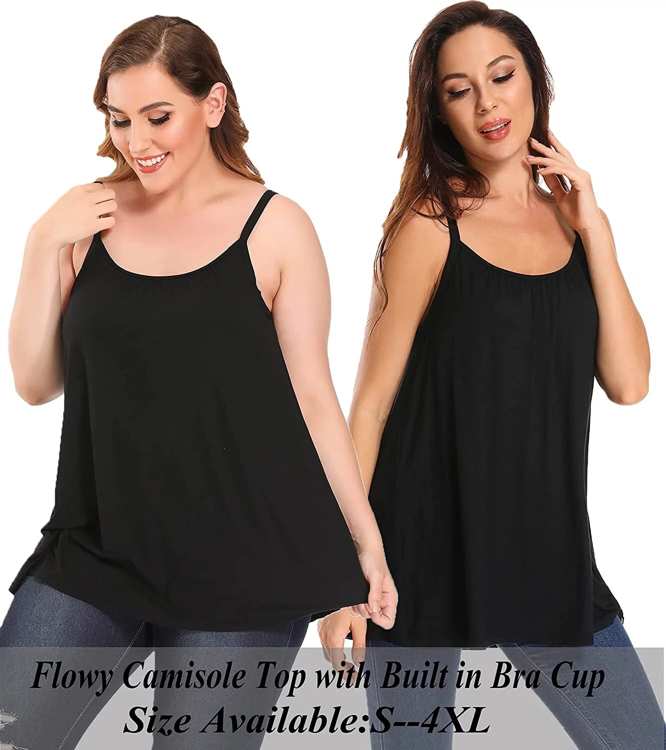 Womens Summer Camisole with Built in Bra Flowy Tank Top Loose Fit Padded Cami
