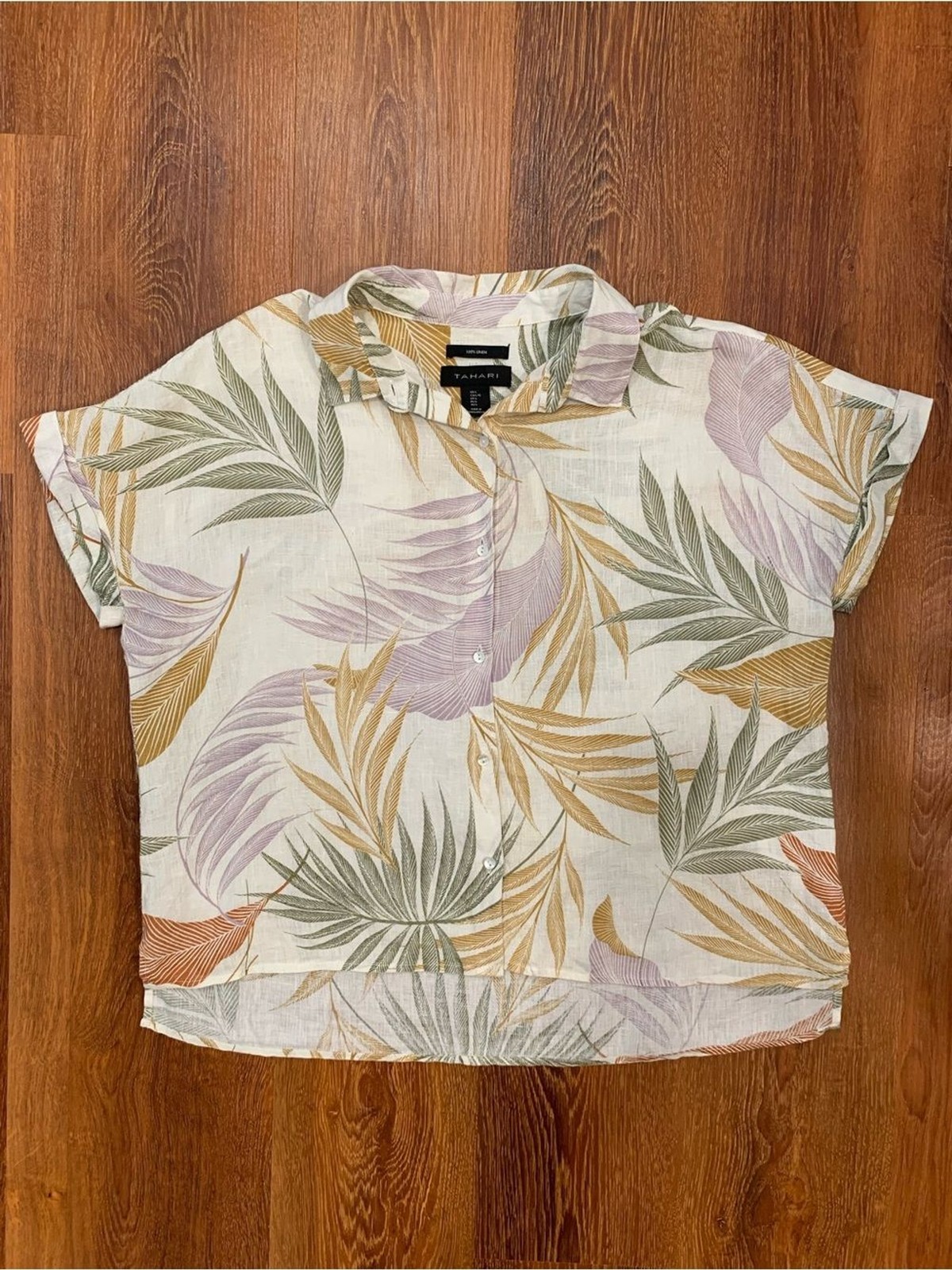 TAHARI Linen Botanical Print Top Womens L Short Sleeve Button Down Summer Casual