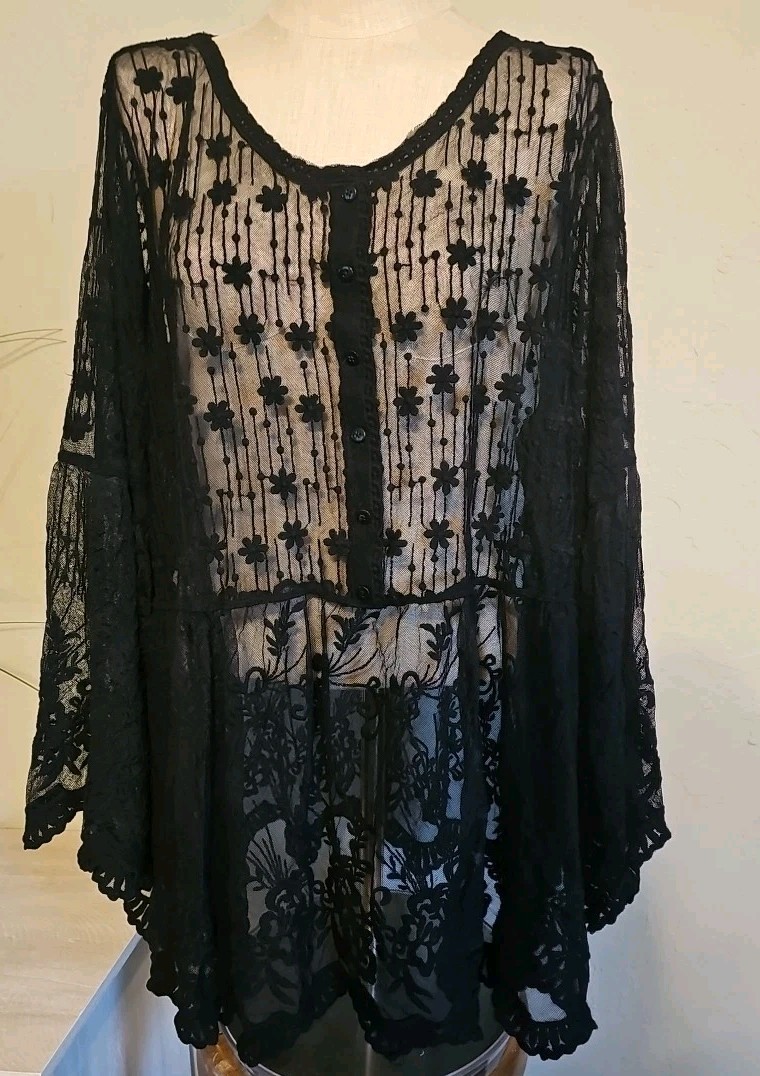 Lane Bryant 22/24W Black Lace Button Up Embroidered Mesh Blouse Goth Punk Emo