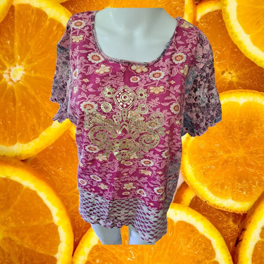 NWT Caribbean Joe U Neck Paisley Short Sleeve Top Size XL