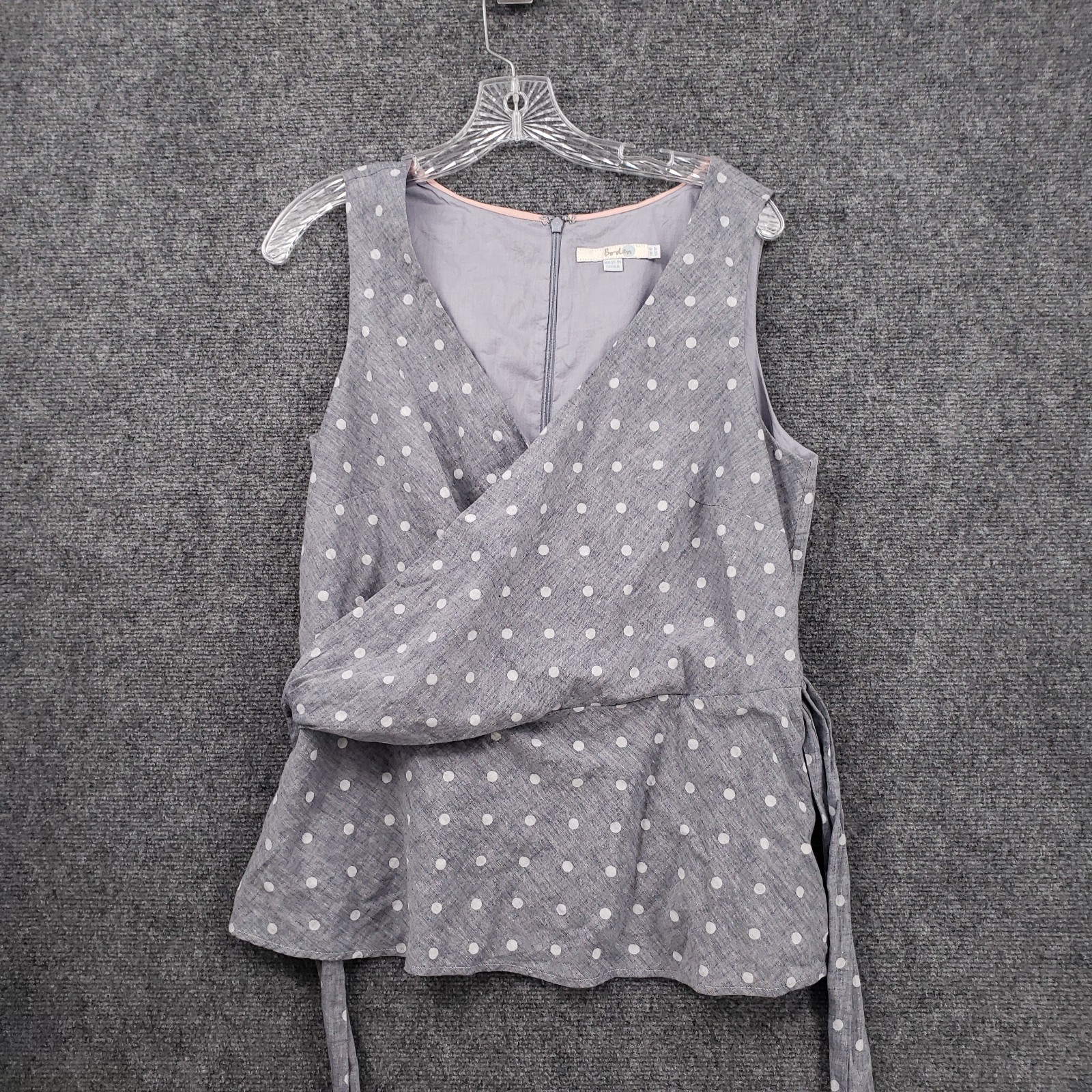 Boden Top Womens 12 Gray Surplice V Neck Polka Dot Linen Waist Tie Peplum Blouse