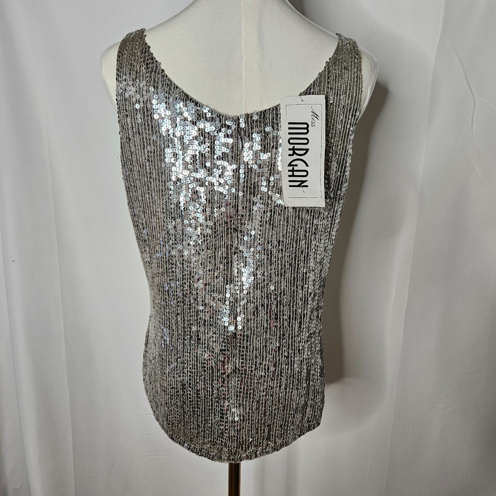 Vintage Miss Morgan Medium Sequin Silk Tank Top Silver Sparkle Hand Made NEW!