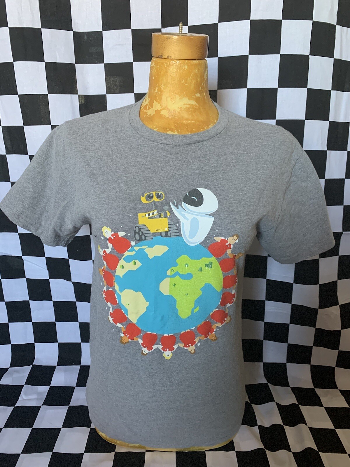 Disney Pixar Wall-E & EVA T-shirt Gray Top EARTH ITS A SMALL WORLD Shirt SMALL