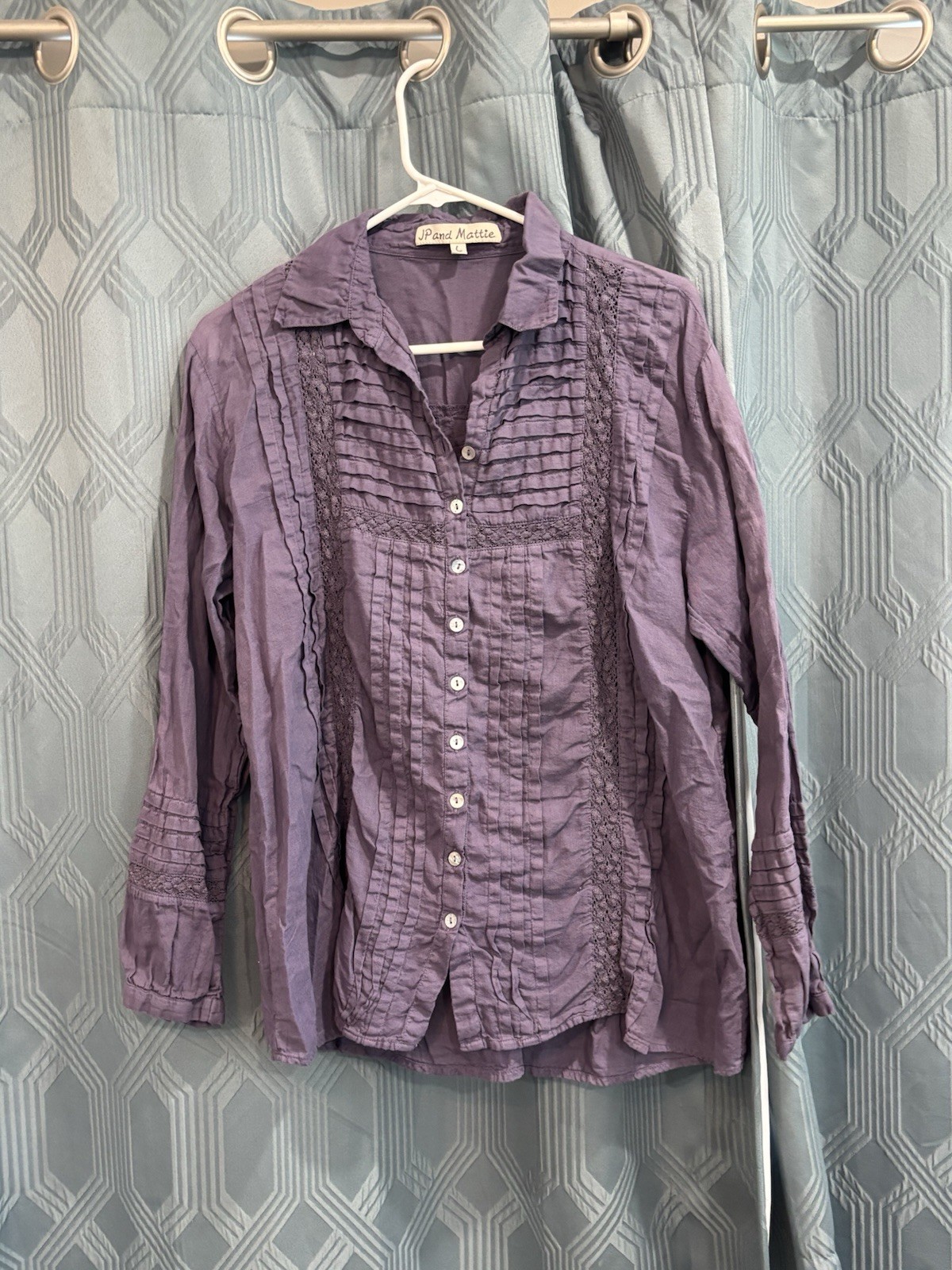 JP and Mattie Women’s Victorian Style Dusty Purple Pintuck Lace Trim Blouse