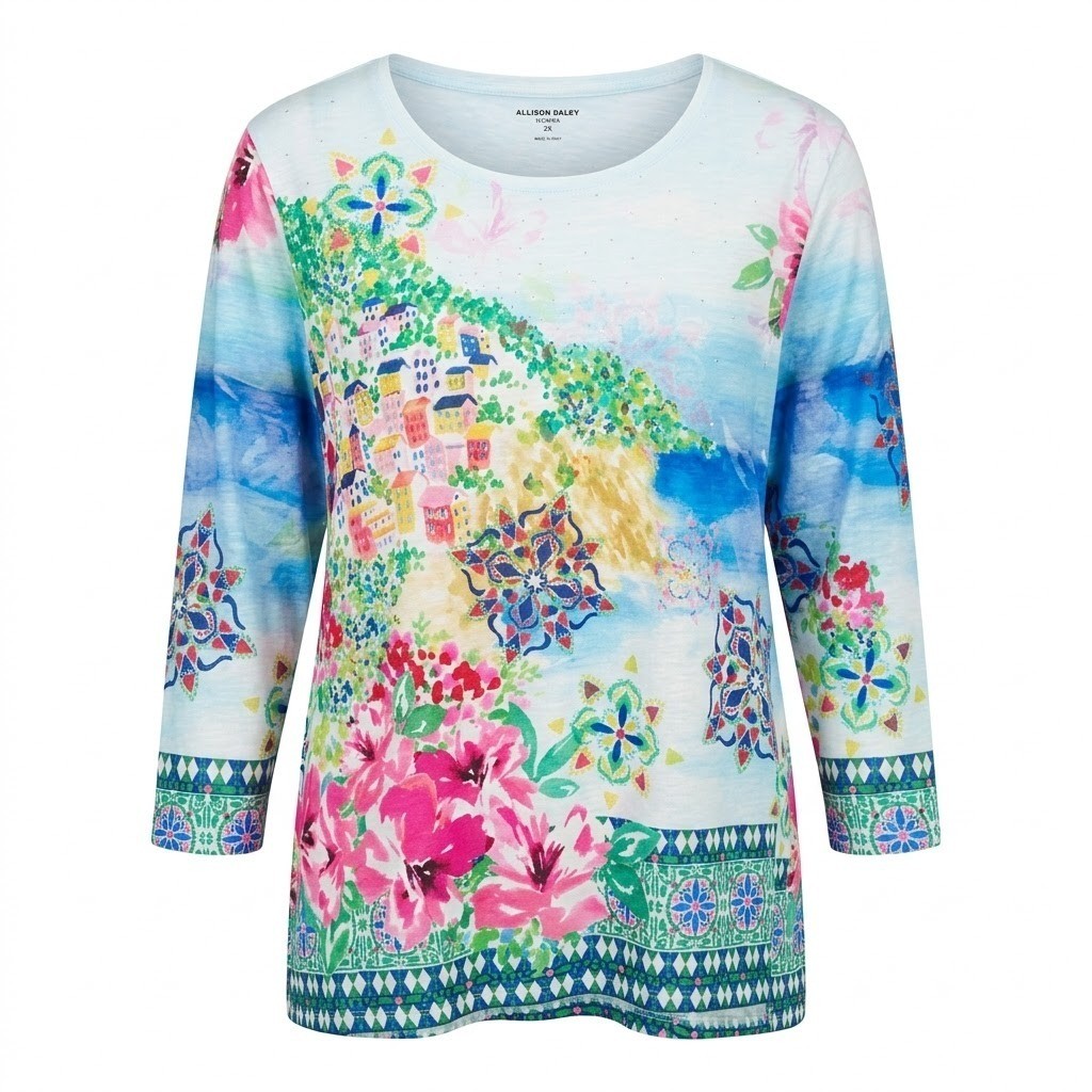NEW Allison Daley Woman 2X Tunic Top Mediterranean Village Rhinestone Blue