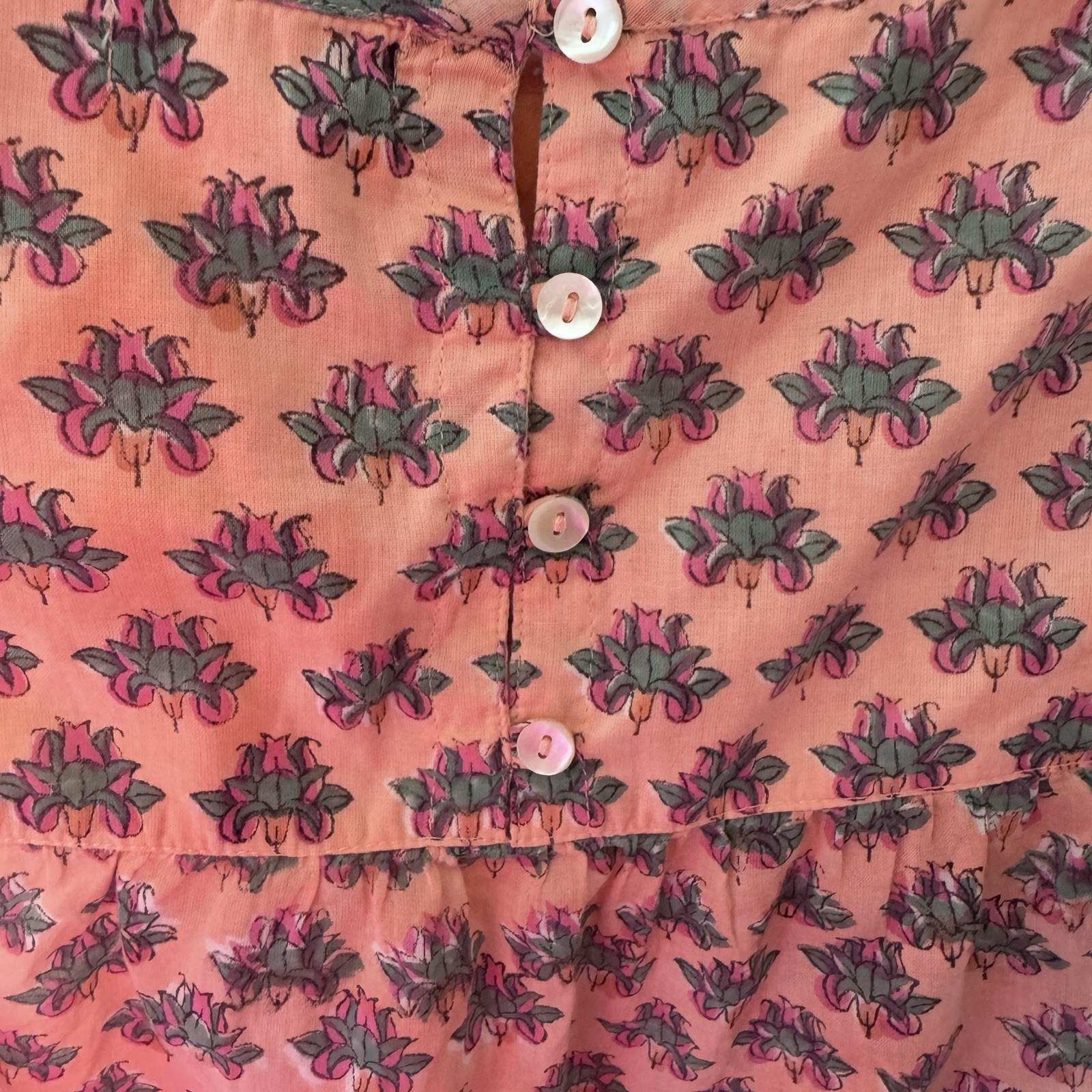 World Market Floral Block Print Blouse Top Coral Pink Boho Flutter L/XL