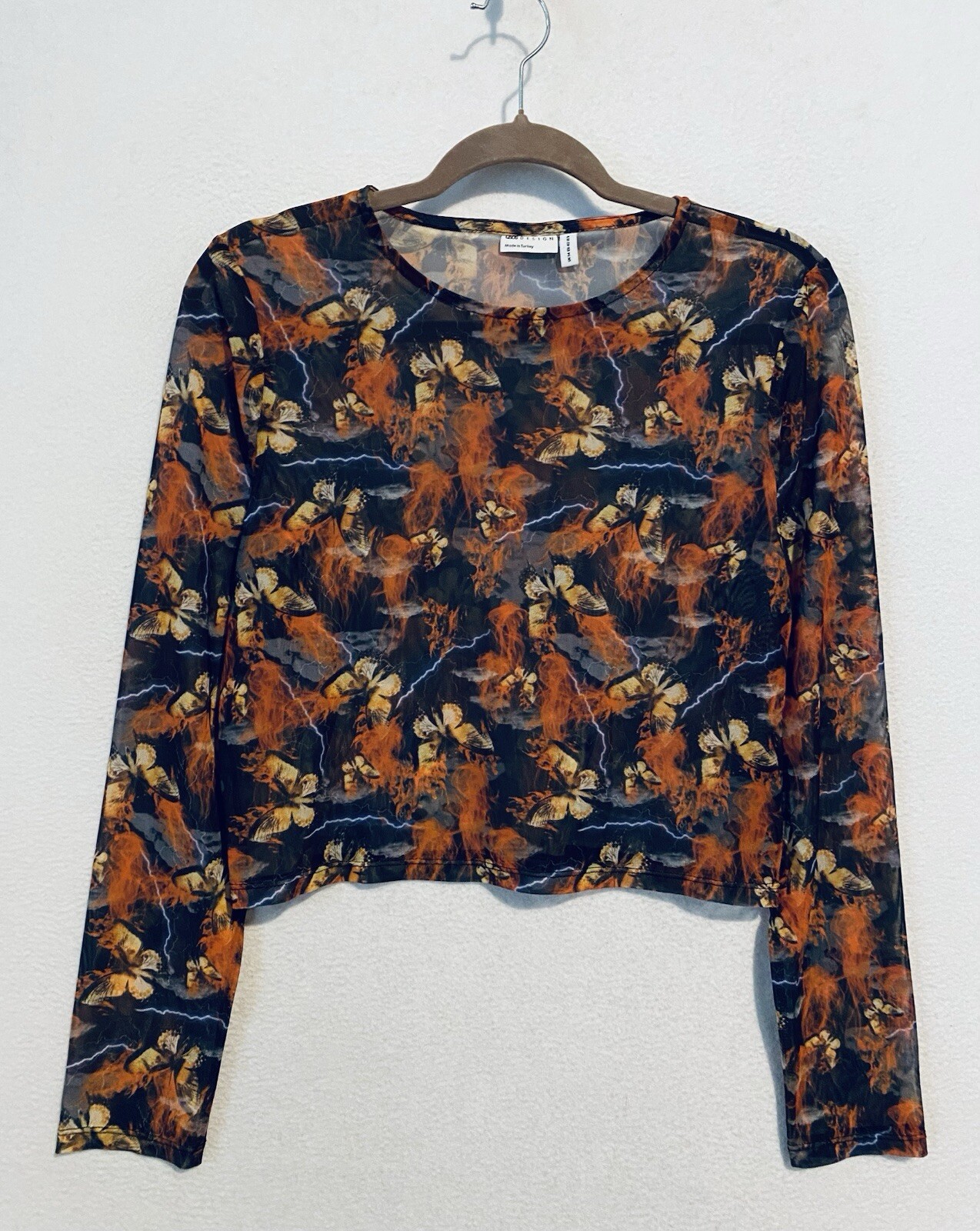 Asos Designs Top Womens 10 Flame Butterfly Print Mesh Cropped Long Sleeve Boho