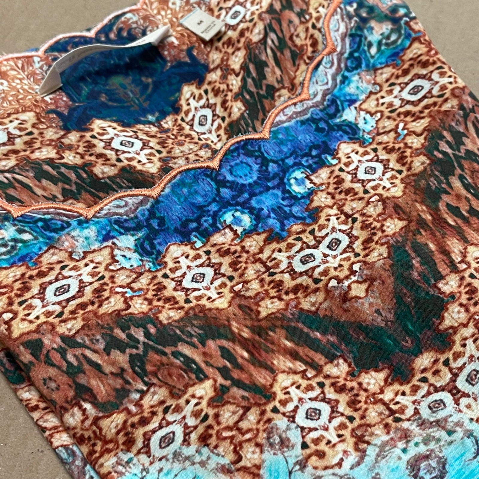 Soft Surroundings Women’s Size Medium Blue/Copper Scalloped Hem Cap Sleeve Knit