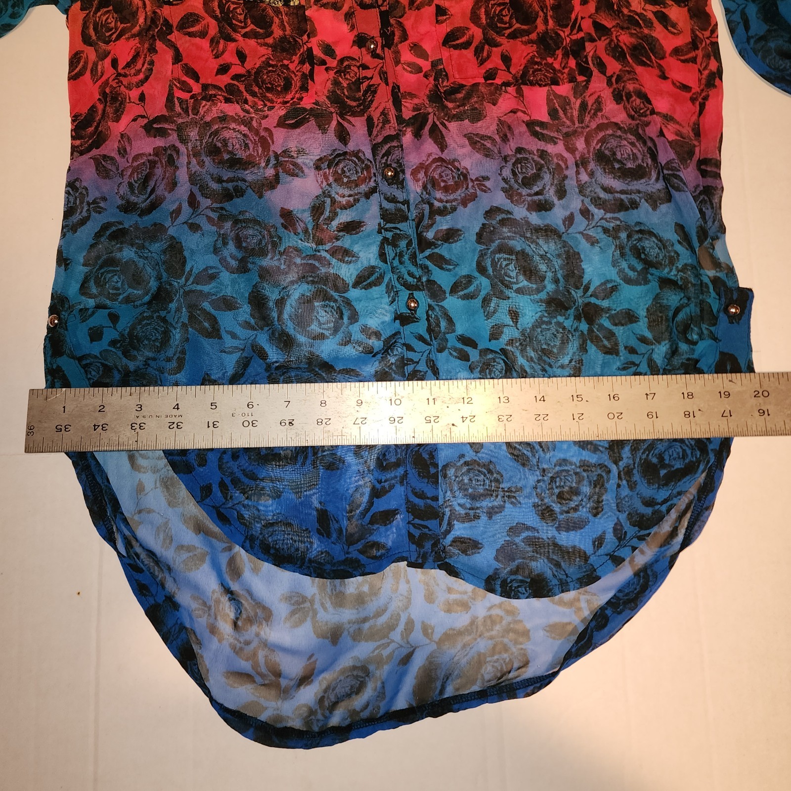 New Directions Multi Color Rainbow~Sheer Blk Floral Print Button Up~Size Small