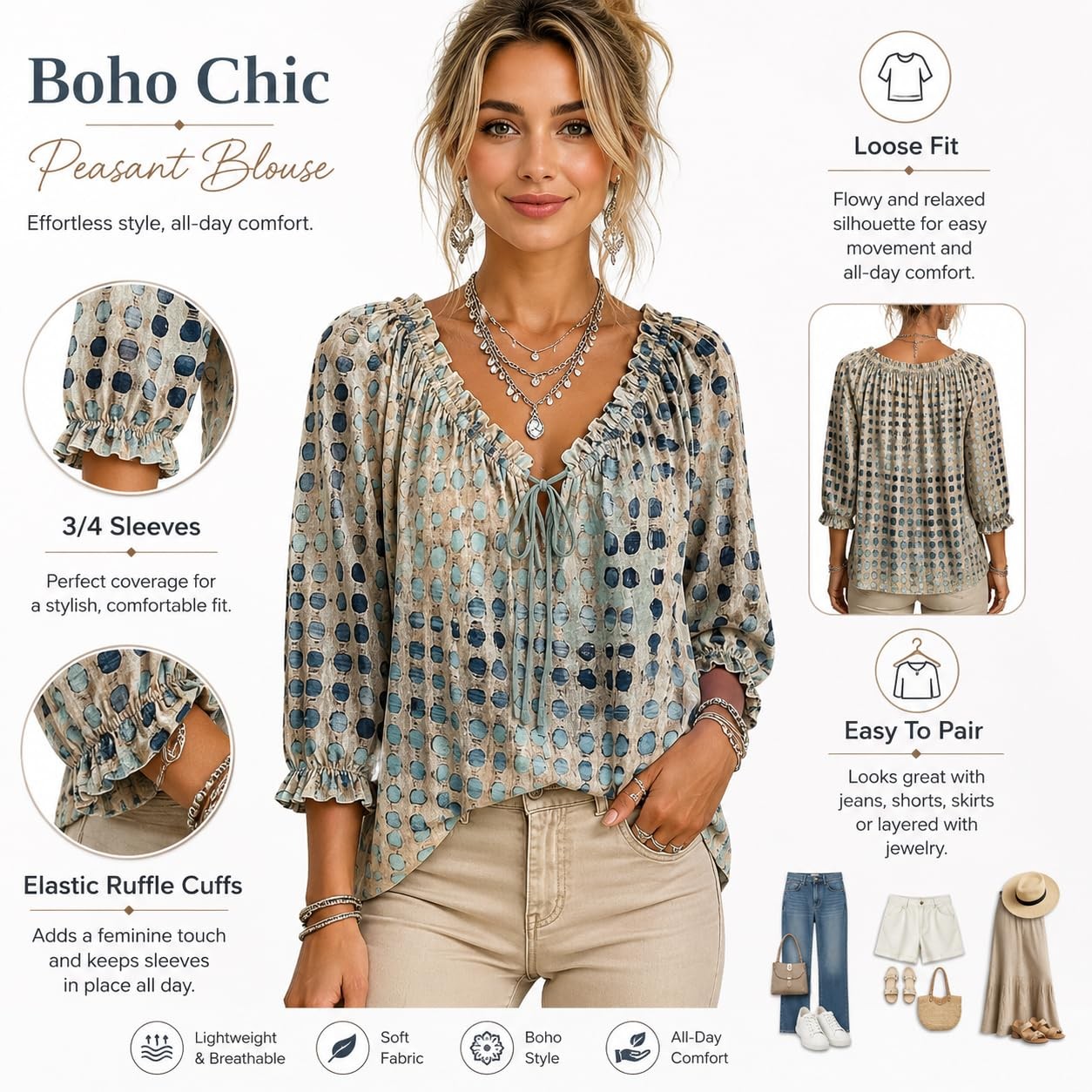 Women’s Summer Casual V Neck Polka Dot Lace Up 3/4 Sleeve Blouses, Dressy Loose