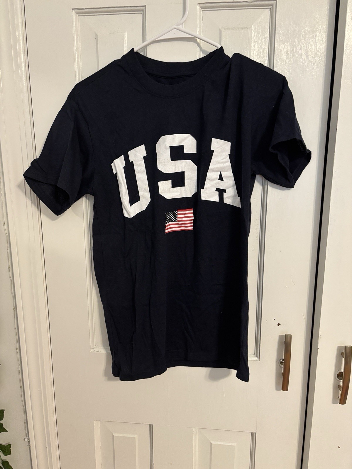 NEW USA Flag Tshirt Navy Red White Poly Blend Sz Small Brisco Brand
