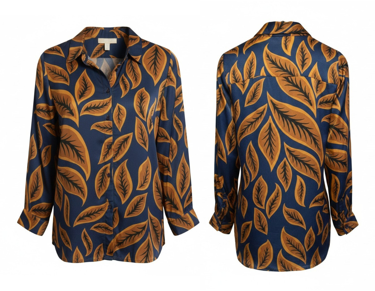 DISMERO Italian Satin Leaf Print Button Up Shirt Blouse Top Size XL