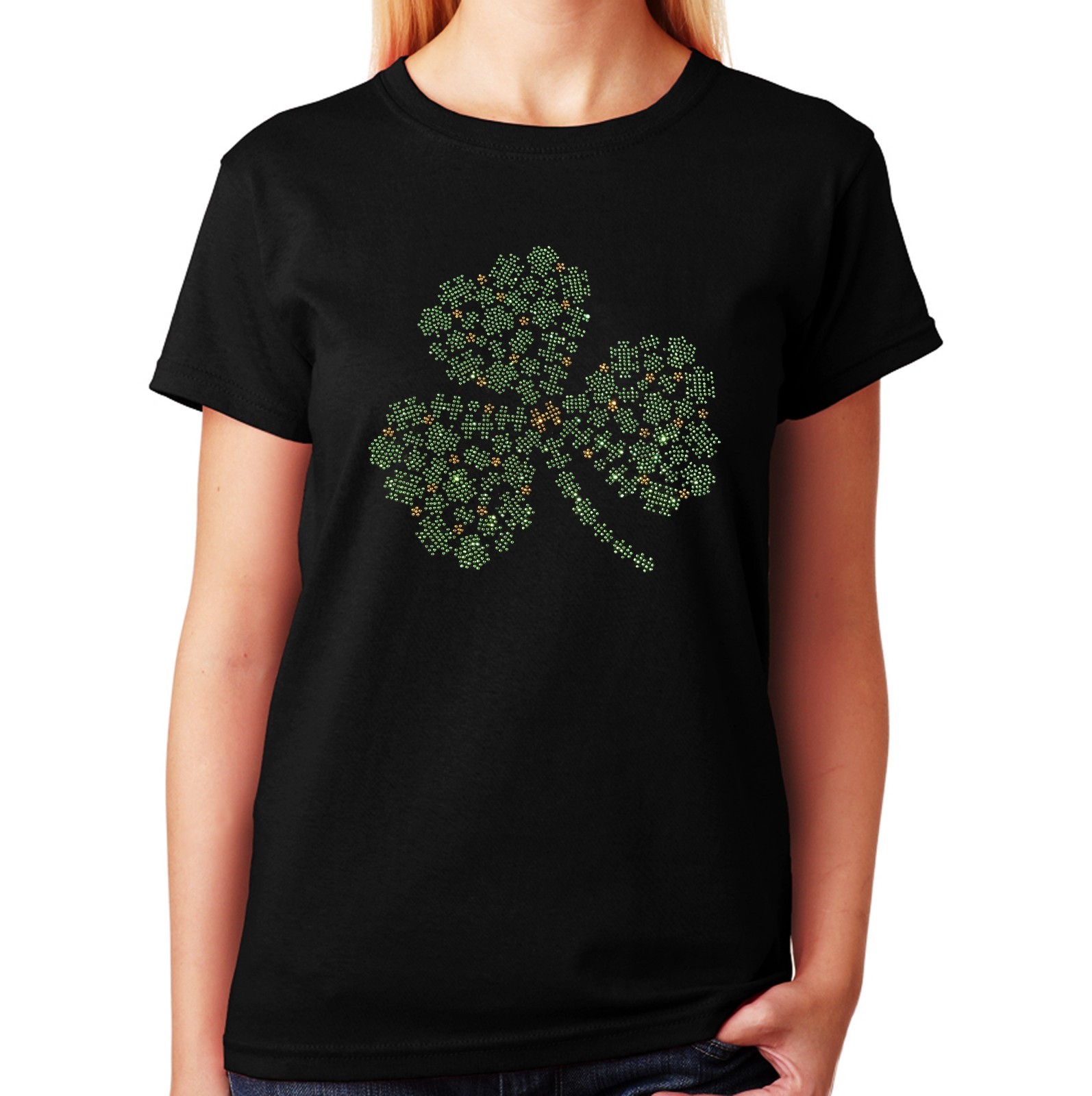 Women’s / Unisex Rhinestone T-shirt ” St Patrick’s Clover Collage ” in Sm to 3XL