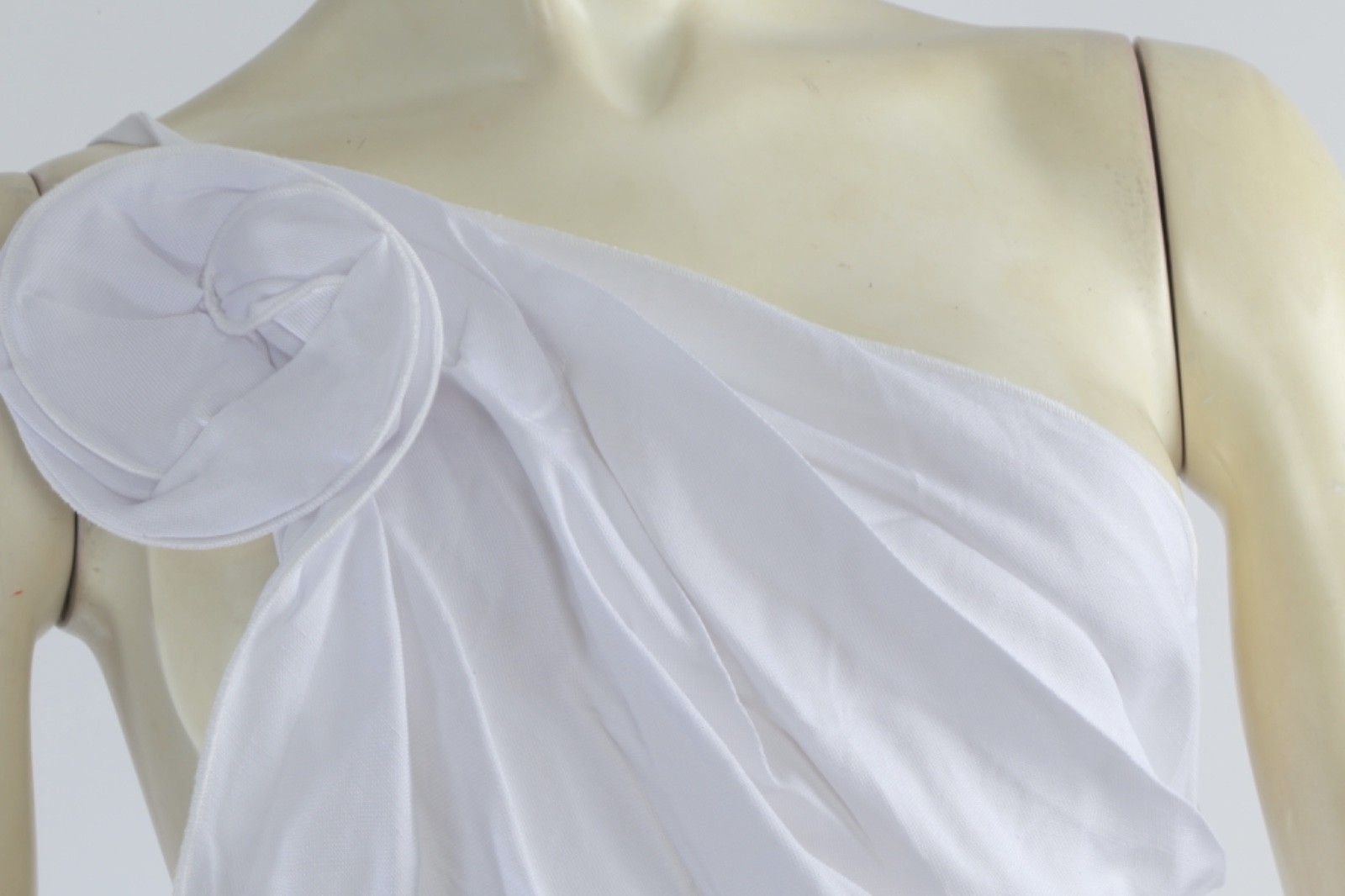 White One Shoulder Rosette Top Size S Ruched Drape Asymmetric Cotton Blouse