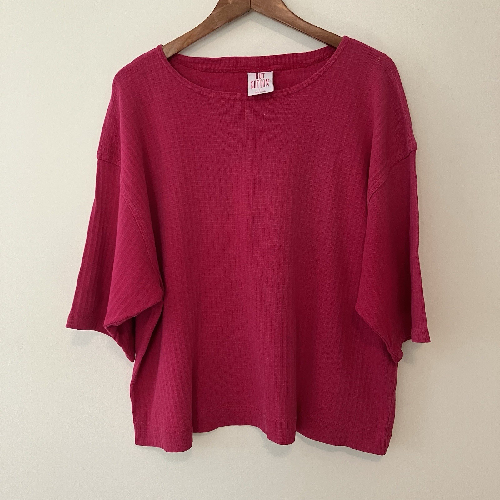 Women’s Hot Cotton Short Sleeve Shirt Sz L Waffle Knit Pink Woven Boxy Oversized