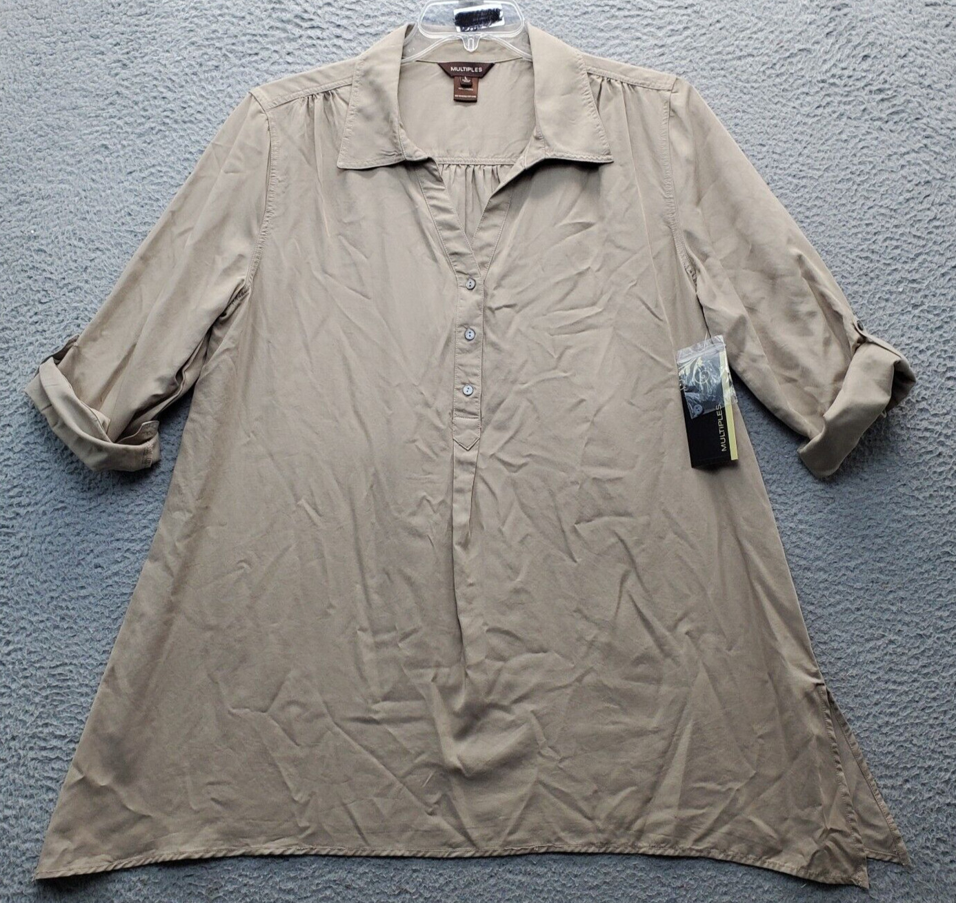 Multiples Tunic Shirt Womens Large Brown Roll Tab Sleeve Collared 1/4 Button