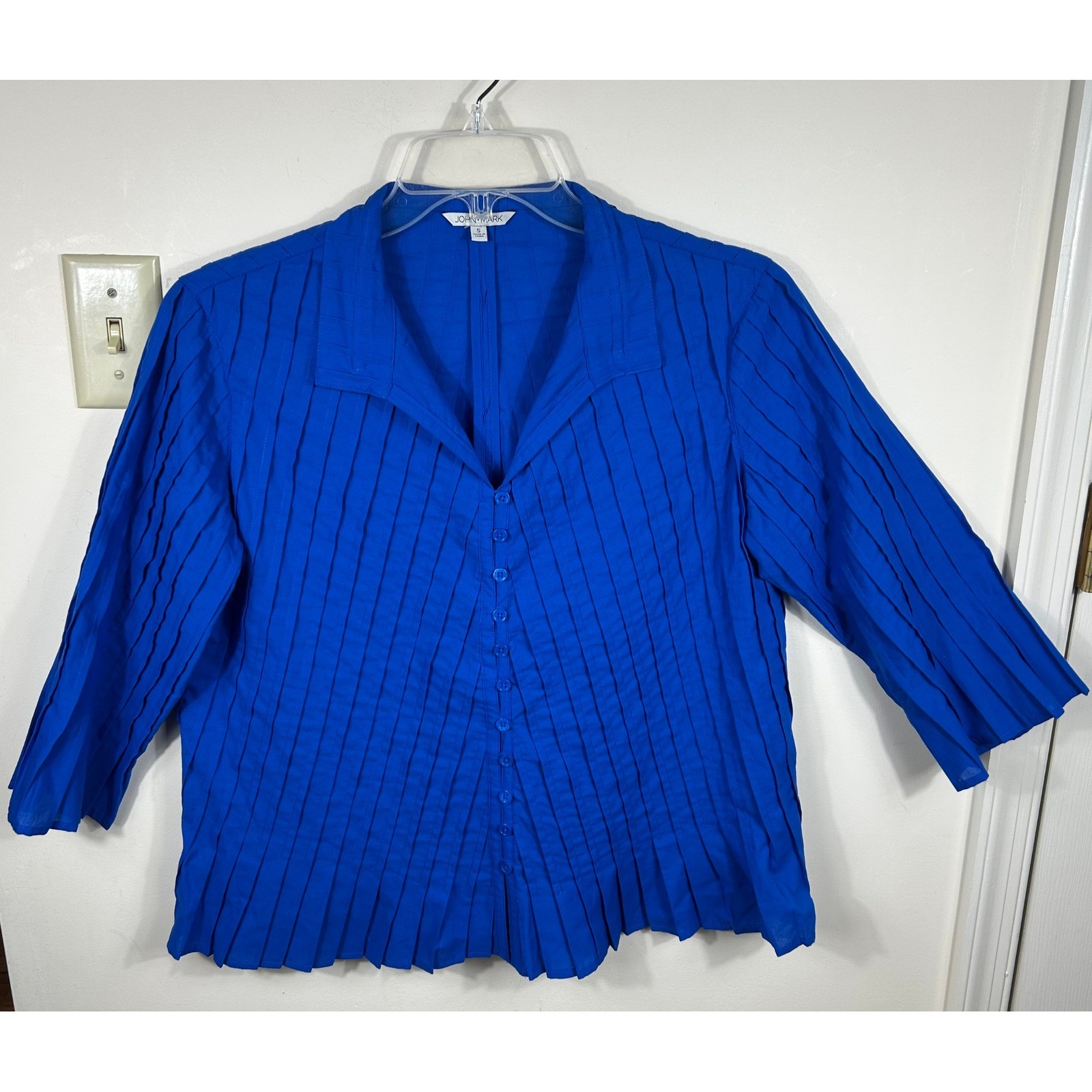 John Mark Pleated Blouse Women S Royal Blue Top Cotton Button Down Avant Garde