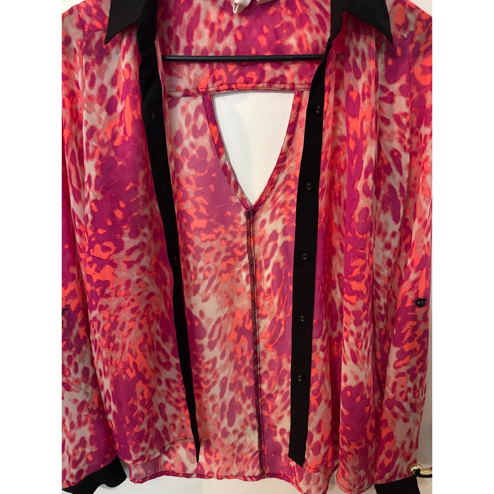 Red Camel Pink Orange Leopard Print Sheer Cutout Back Button Down Blouse XS
