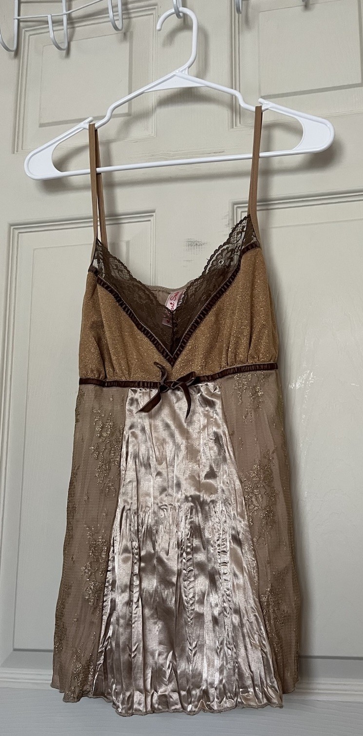 Heart Soul Y2K Satin Babydoll Cami Top Mixed Media Lace Champagne Sz M Tie Back