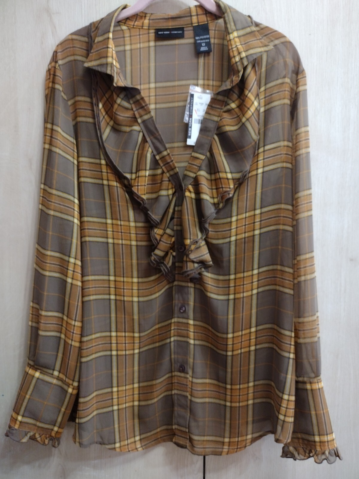 New Sheer Blouse New York & Company Shirt Top Brown And Gold Plaid Size 12 NWT