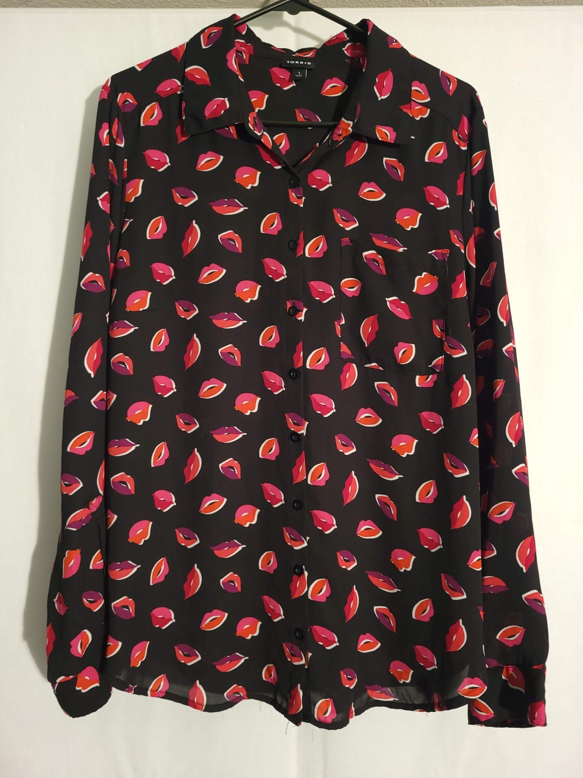 Torrid-Black Red White Lips Long Sleeve Semi-Sheer Button Top Blouse-1X