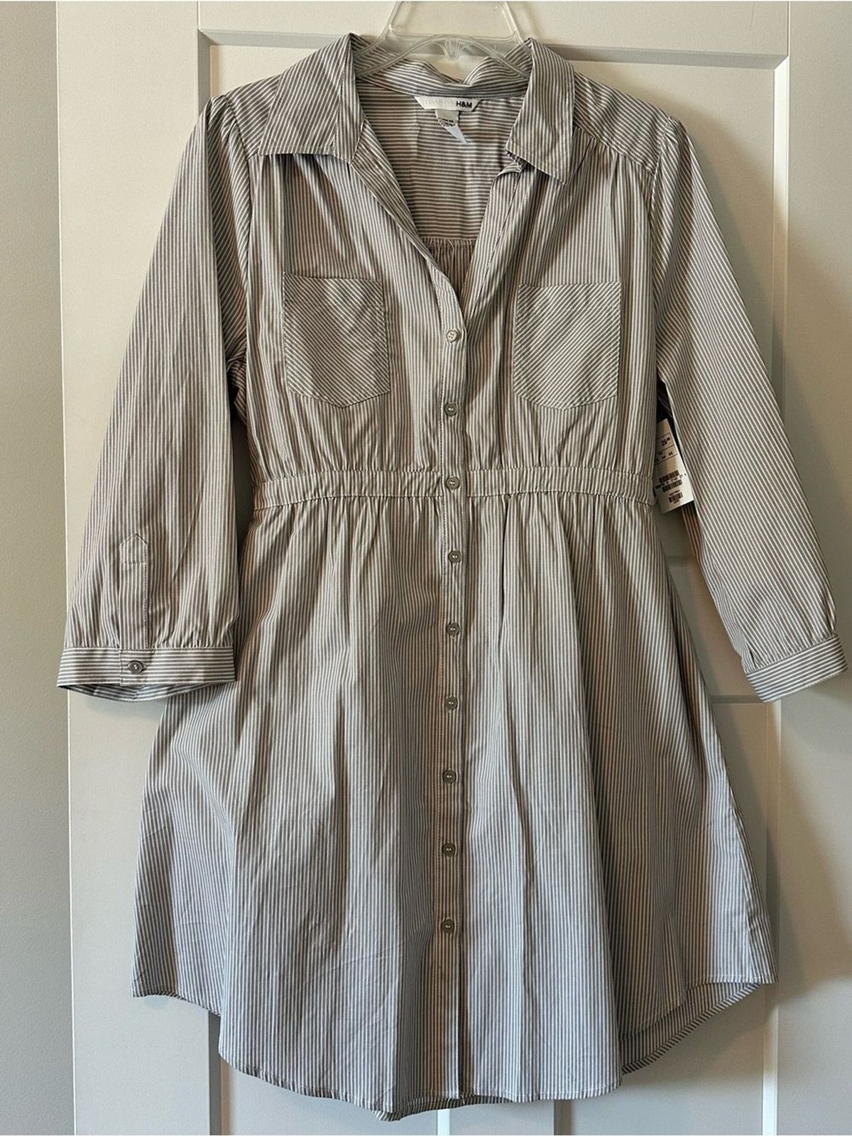 NWT H&M Light Gray and White Striped Collared Shirt Dress Size 14